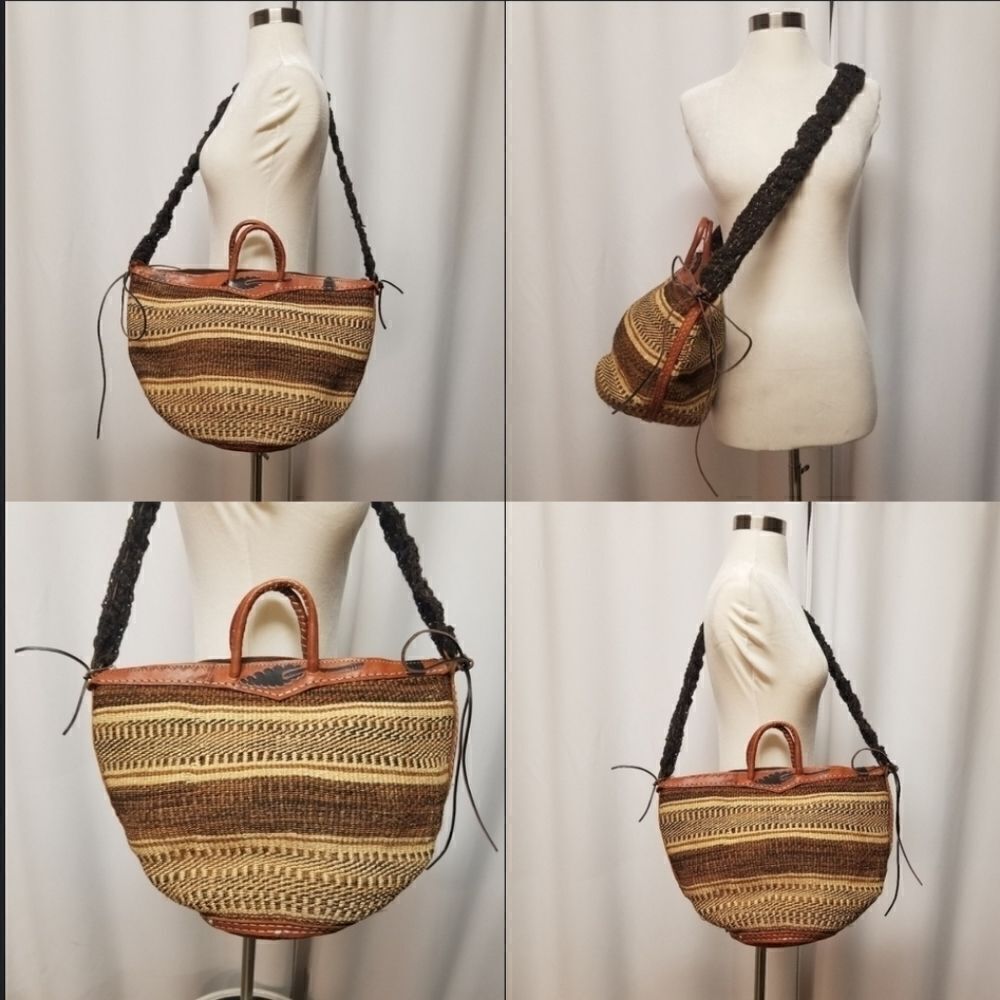 HandcraftedโAfrican Woven Sisal Kilim Crossbody Shoulder Bagโ with Leather Trims